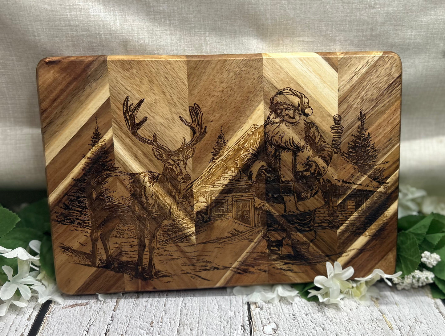 Santa Reindeer Winter Scene Cutting Charcuterie Board 11.75” x 8”
