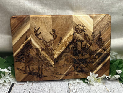 Santa Reindeer Winter Scene Cutting Charcuterie Board 11.75” x 8”