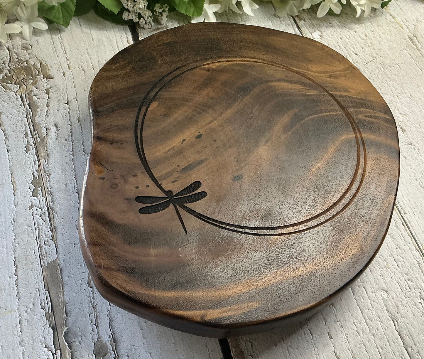 Wood Sliced Tray Raised Stand Dragonfly Engraved