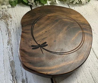 Wood Sliced Tray Raised Stand Dragonfly Engraved
