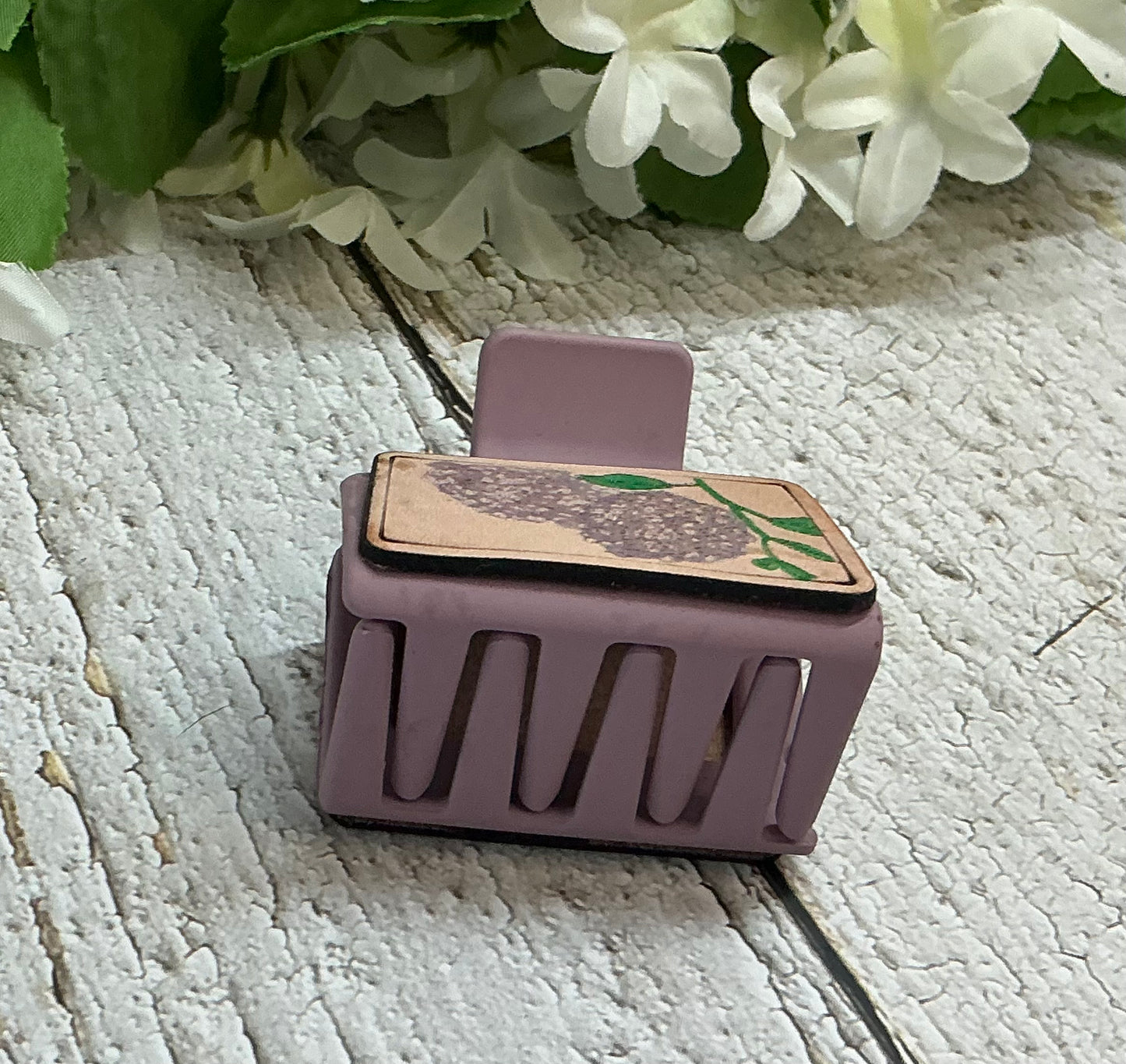 Purple Floral Leather Hair Claw Clip - Small 2"