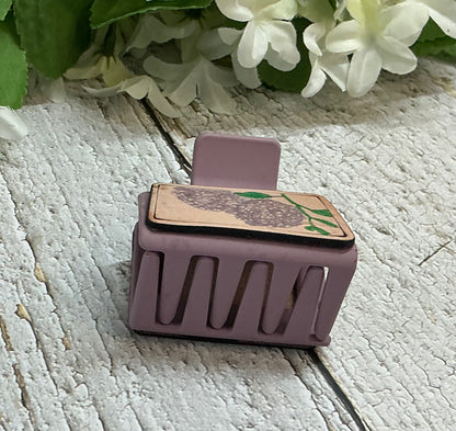 Purple Floral Leather Hair Claw Clip - Small 2"