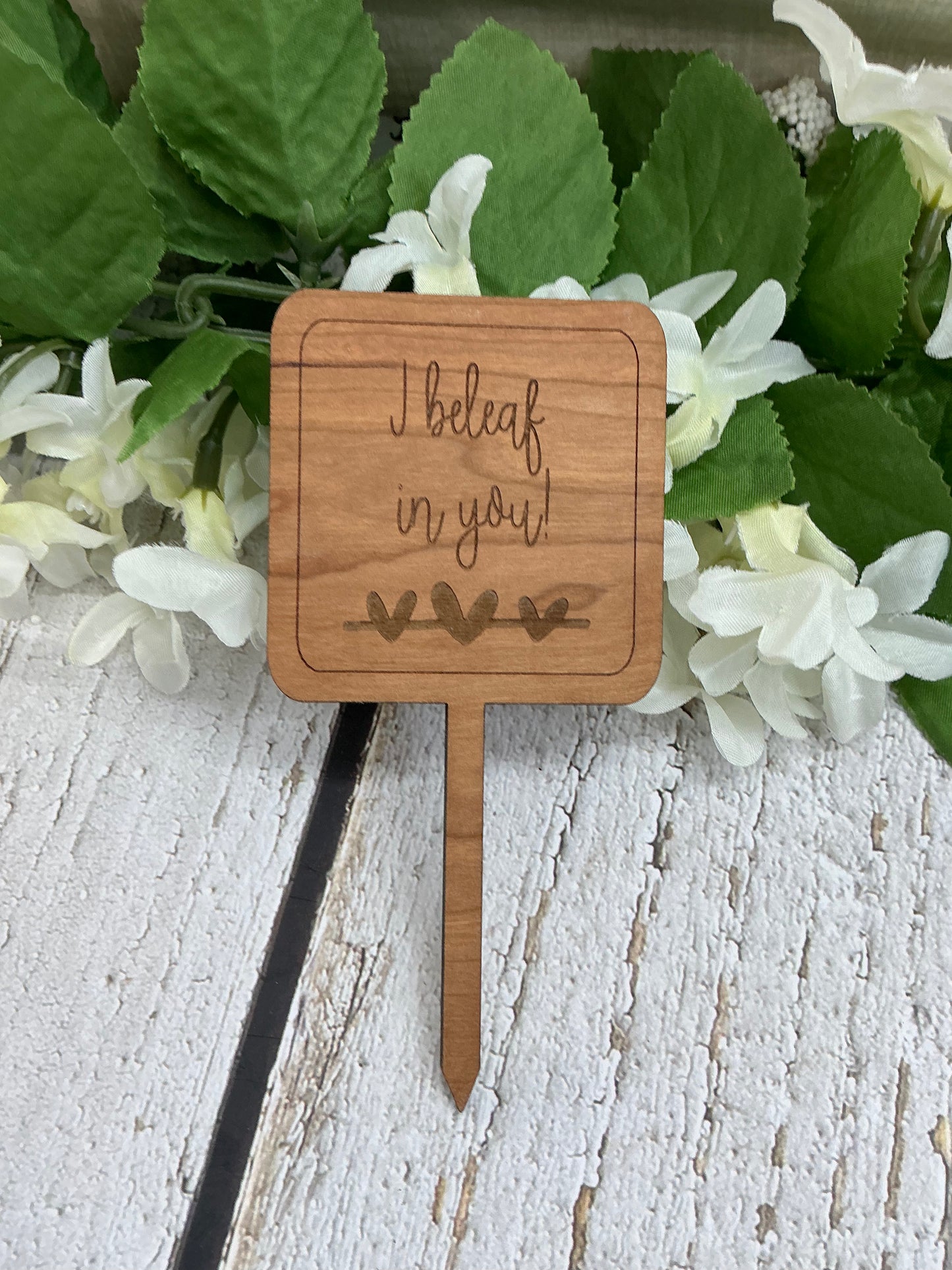 Square I Beleaf In You Dark Wood Plant Stake