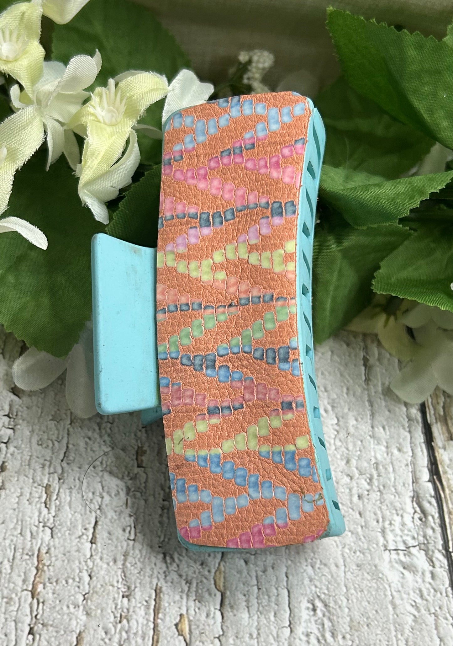 Pastel Boho Leather Blue Hair Claw Clip - Large 4"