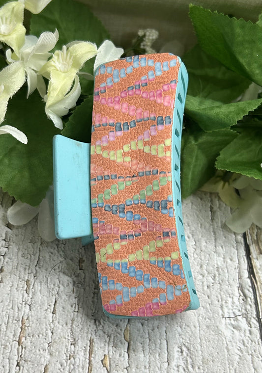 Pastel Boho Leather Blue Hair Claw Clip - Large 4"
