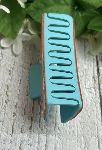 Pastel Boho Leather Blue Hair Claw Clip - Large 4"