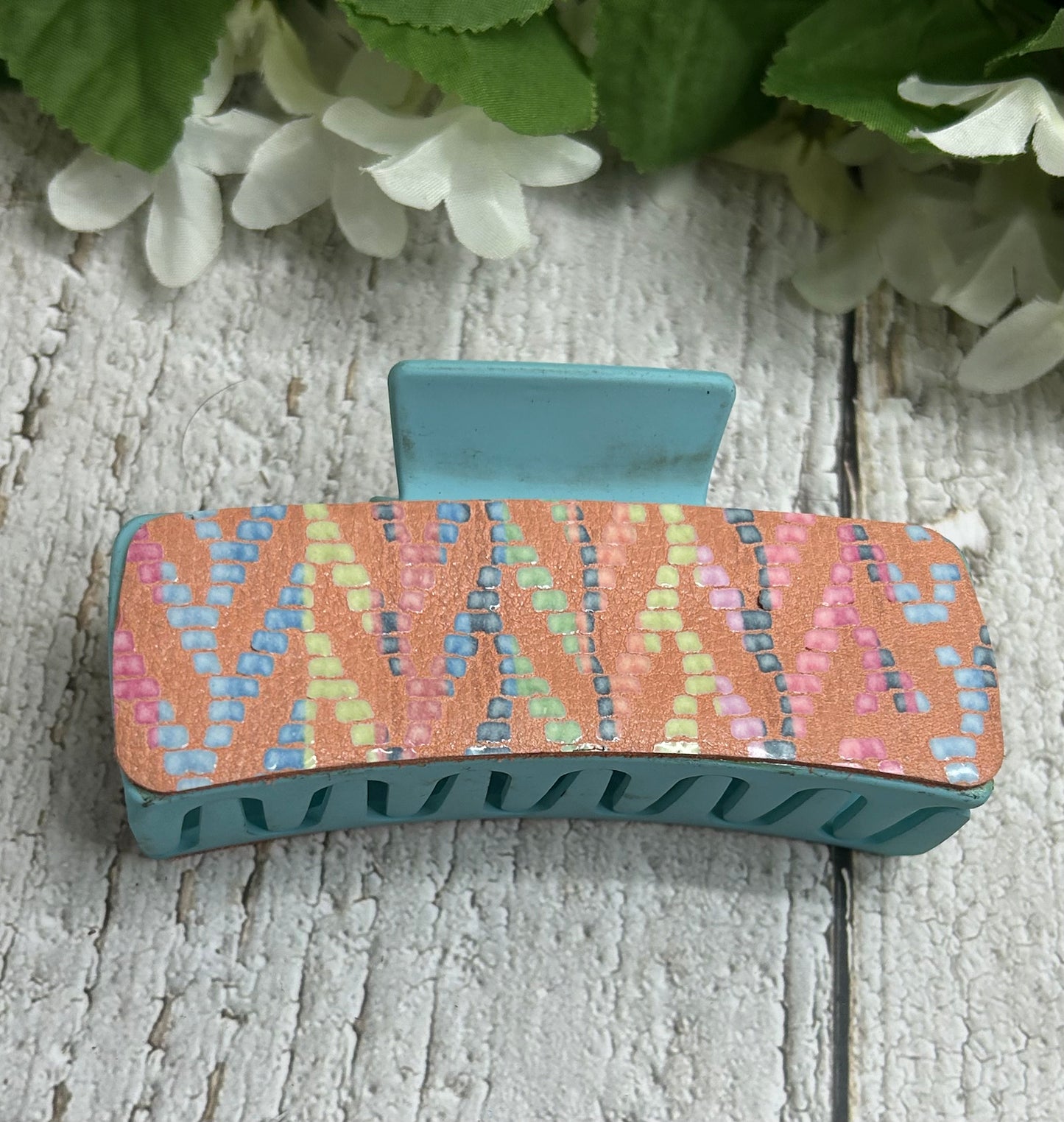 Pastel Boho Leather Blue Hair Claw Clip - Large 4"