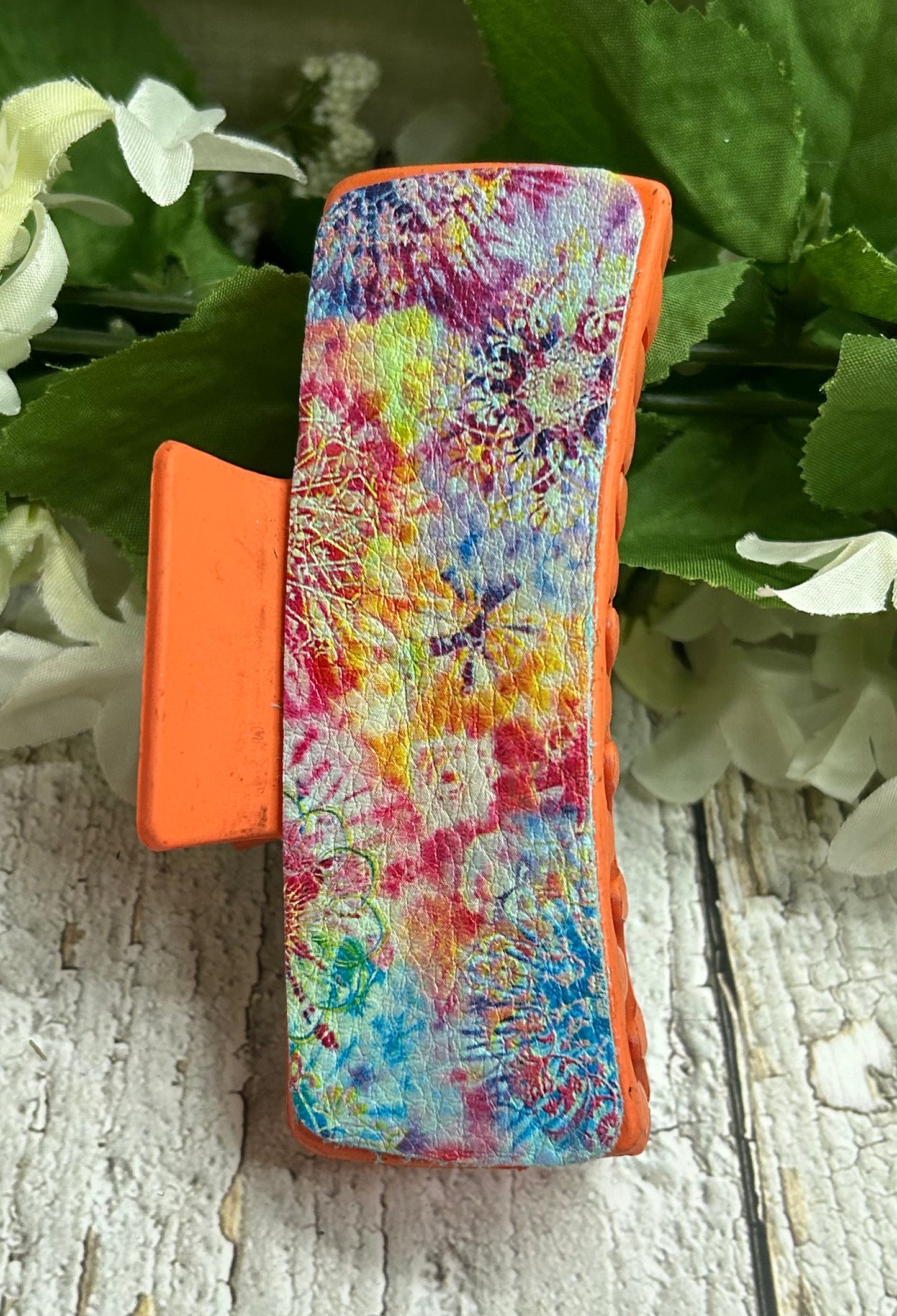 Colorful Firework Pattern Leather Orange Hair Claw Clip - Large 4"