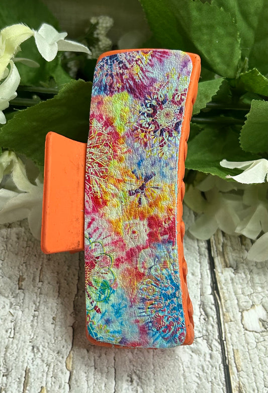 Colorful Firework Pattern Leather Orange Hair Claw Clip - Large 4"