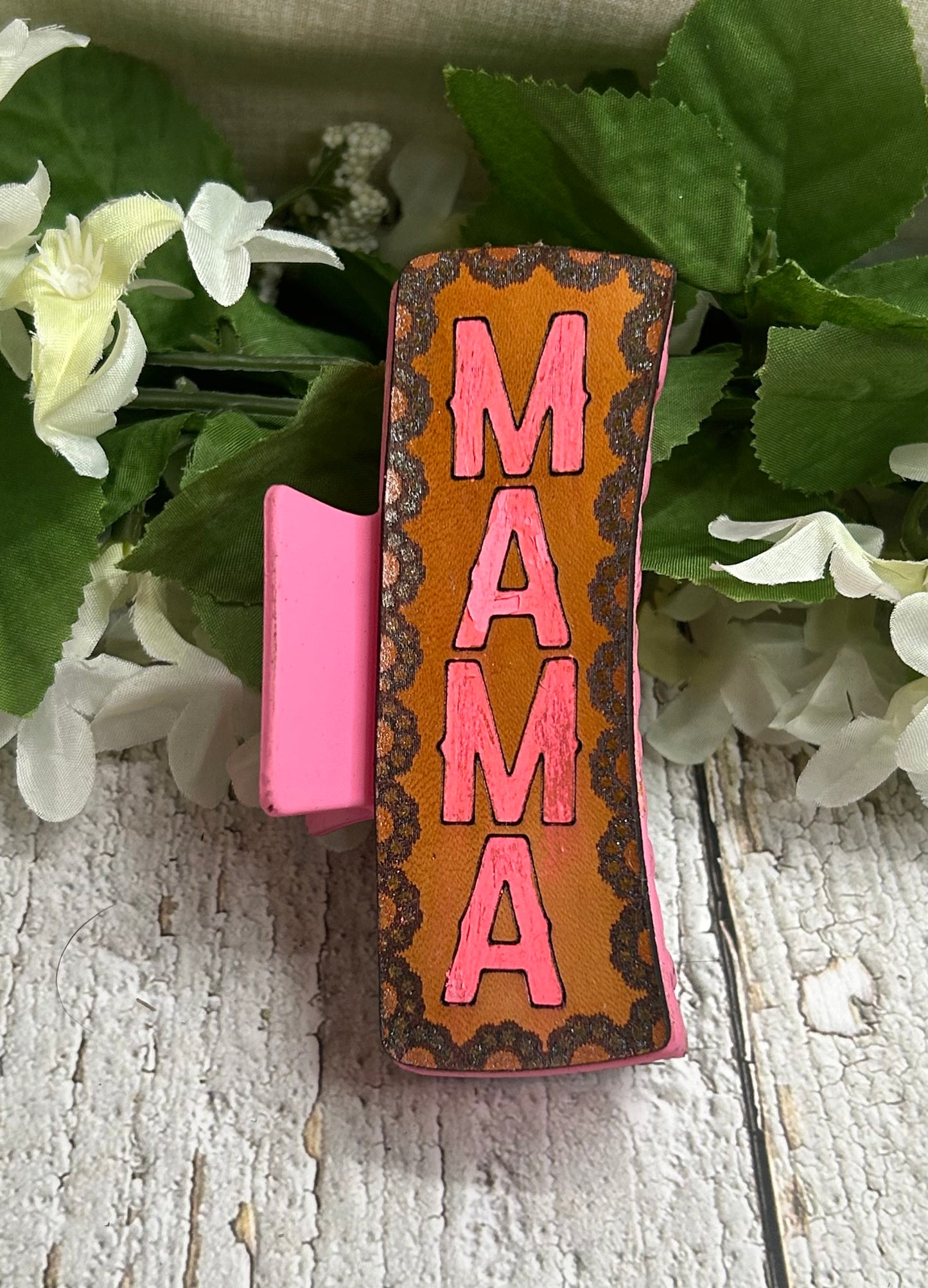 Hot Pink Mama Engraved Handpainted Leather Hair Claw Clip - Large 4"