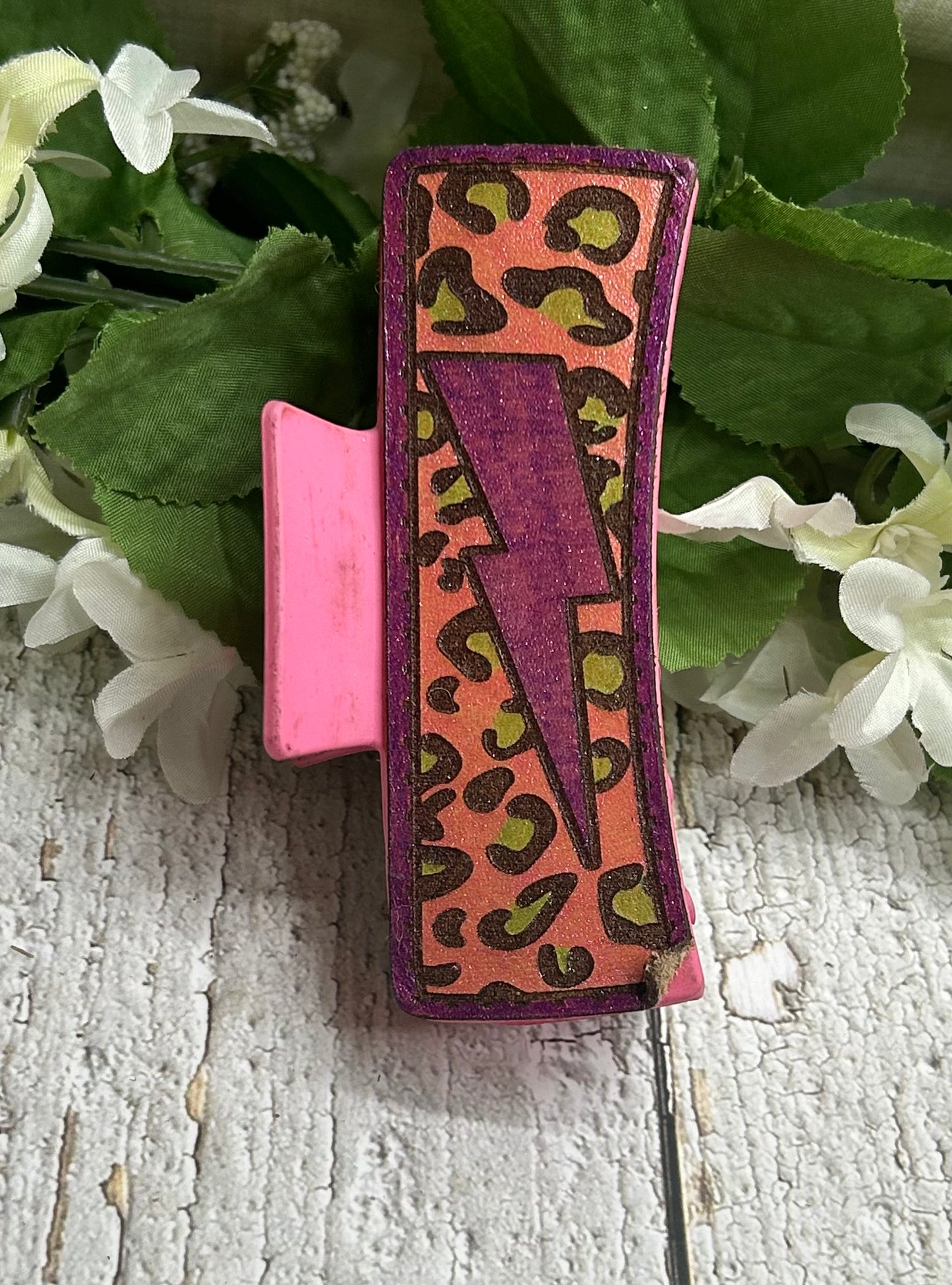 Cheetah Print Lightning Bolt Purple Pink Clip Hair Claw Clip - Large 4"