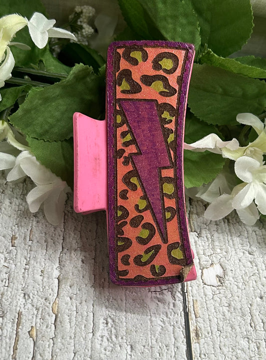 Cheetah Print Lightning Bolt Purple Pink Clip Hair Claw Clip - Large 4"