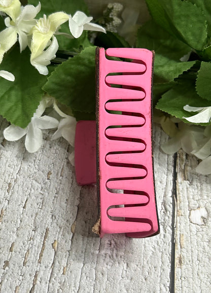 Floral Design Engraved Leather Pink Hair Claw Clip - Large 4"