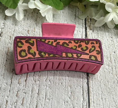 Cheetah Print Lightning Bolt Purple Pink Clip Hair Claw Clip - Large 4"