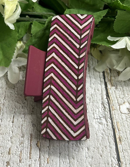 Burgundy White Chevron Hand Painted Leather Engraved Hair Claw Clip - Large 4"