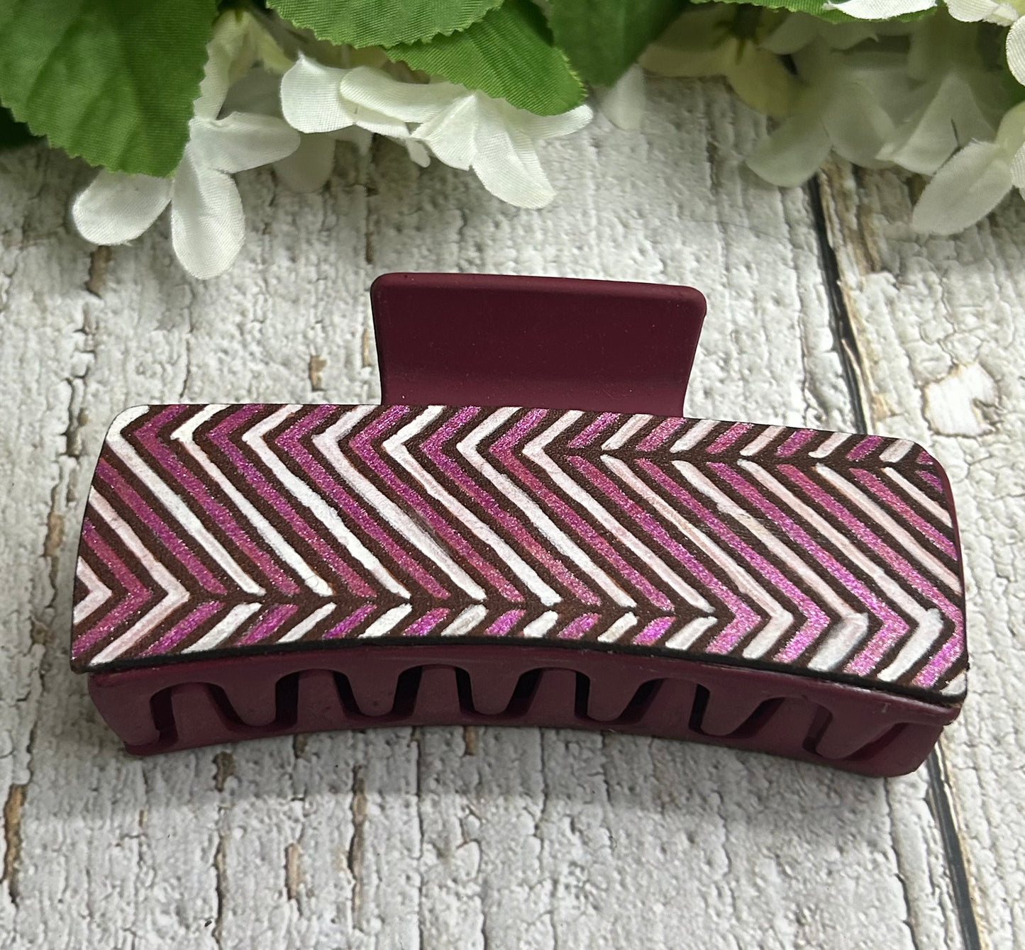 Burgundy White Chevron Hand Painted Leather Engraved Hair Claw Clip - Large 4"