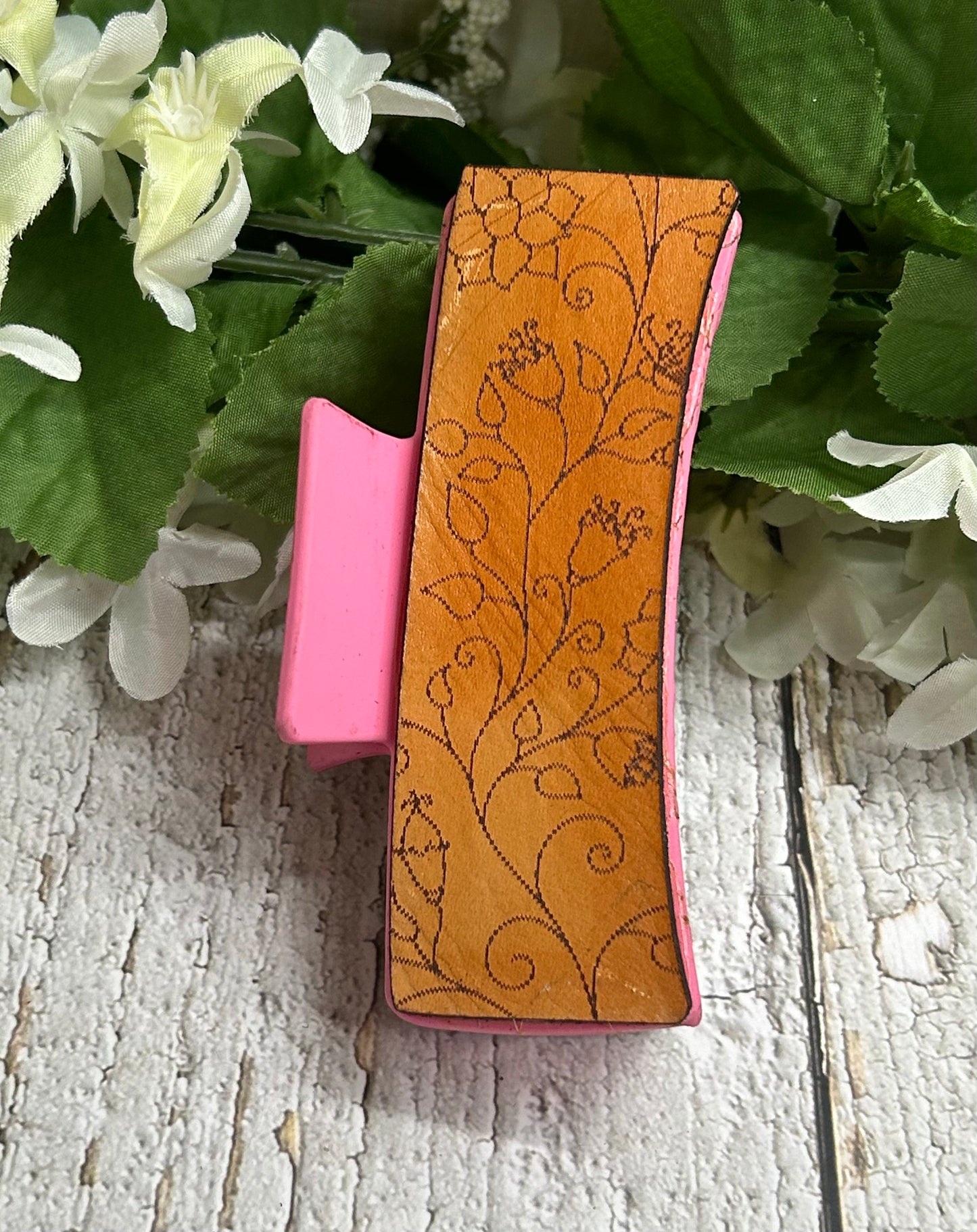 Floral Design Engraved Leather Pink Hair Claw Clip - Large 4"