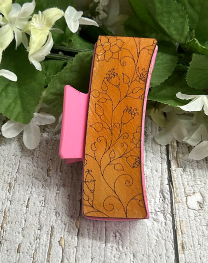 Floral Design Engraved Leather Pink Hair Claw Clip - Large 4"