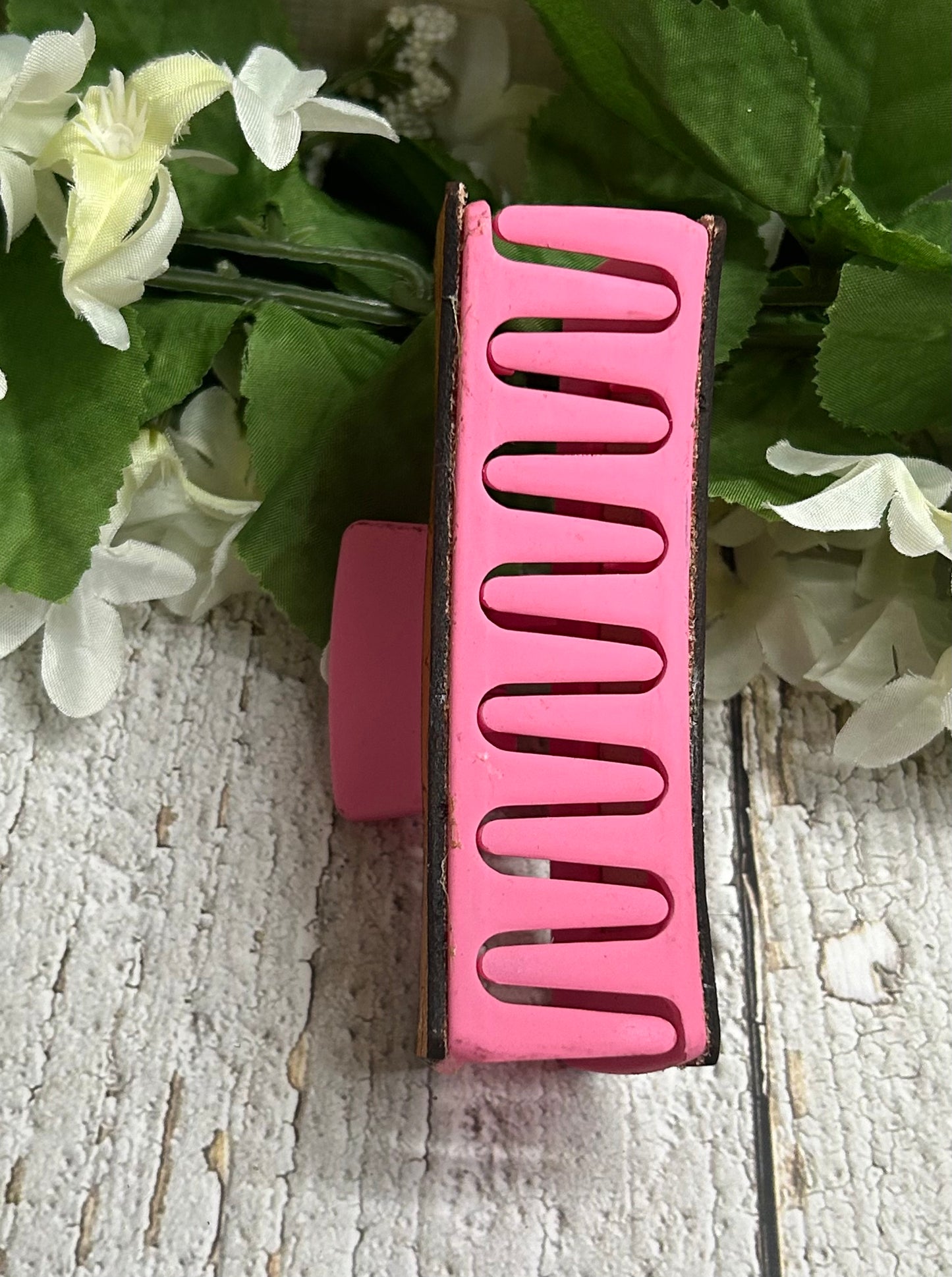 Pink Rose Floral Engraved Leather Hand Painted Hair Claw Clip - Large 4"