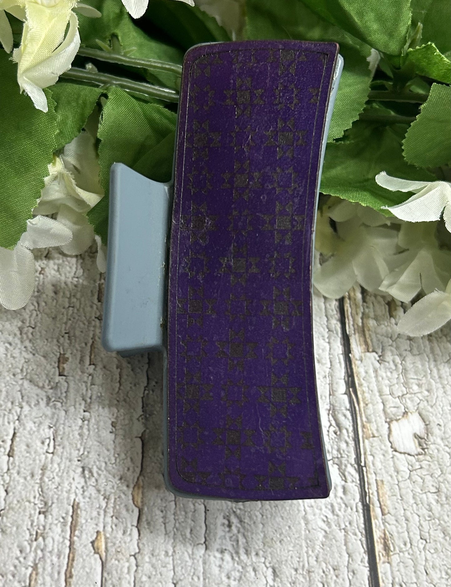 Purple Patchwork Engraved Leather on Blue Hair Claw Clip - 4"