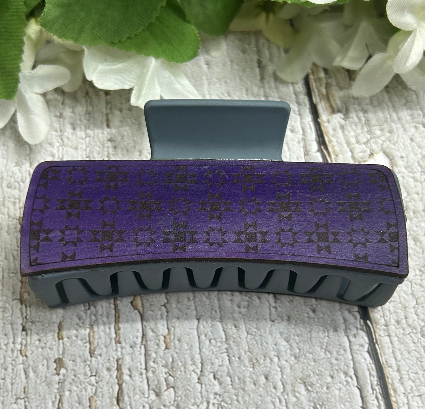 Purple Patchwork Engraved Leather on Blue Hair Claw Clip - 4"