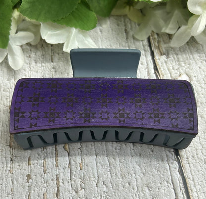 Purple Patchwork Engraved Leather on Blue Hair Claw Clip - 4"