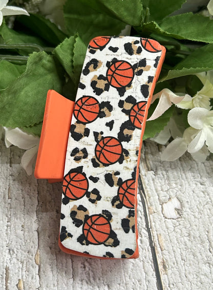 Cheetah Print and Basketball Leather Orange Hair Claw Clip - Large 4"