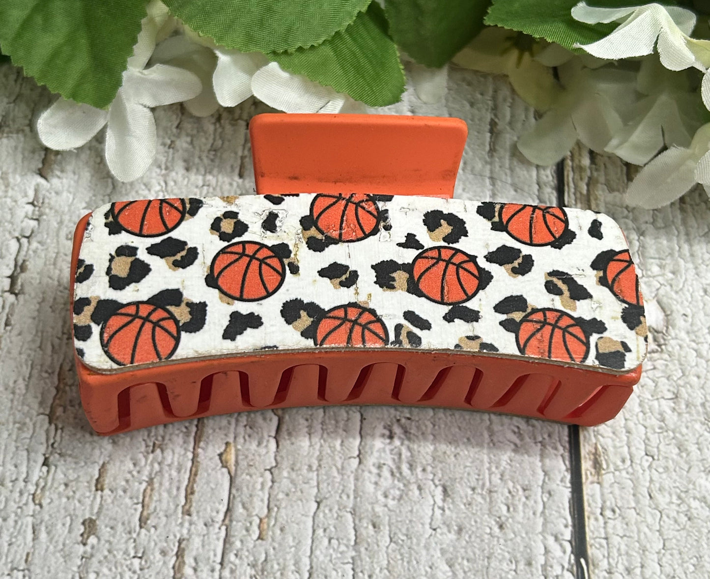 Cheetah Print and Basketball Leather Orange Hair Claw Clip - Large 4"