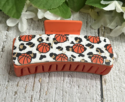 Cheetah Print and Basketball Leather Orange Hair Claw Clip - Large 4"