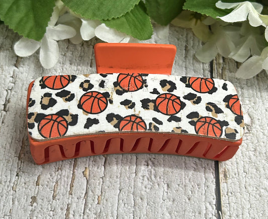 Cheetah Print and Basketball Leather Orange Hair Claw Clip - Large 4"