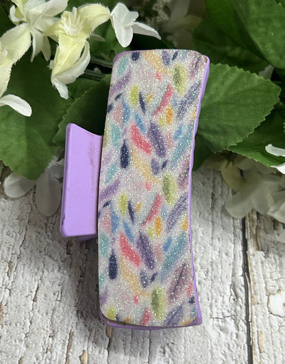 Pastel Feather and Glitter Leather Hair Claw Clip - Large 4"