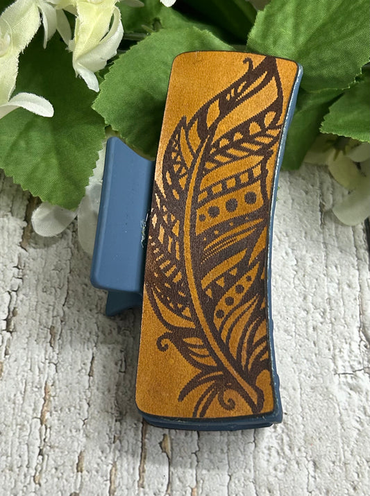 Feather Engraved Leather Blue Hair Claw Clip - Large 4"