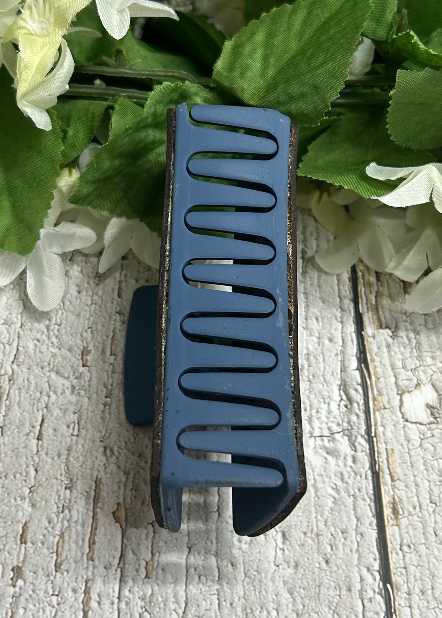 Feather Engraved Leather Blue Hair Claw Clip - Large 4"