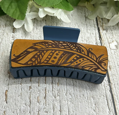 Feather Engraved Leather Blue Hair Claw Clip - Large 4"