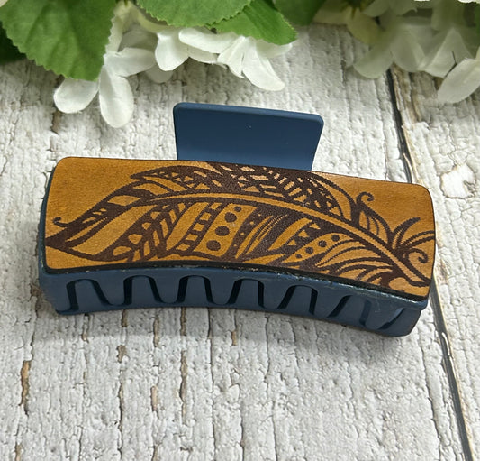 Feather Engraved Leather Blue Hair Claw Clip - Large 4"