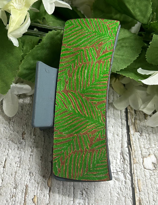 Green Leaves Engraved Hand Painted Leather Blue Hair Claw Clip - Large 4"