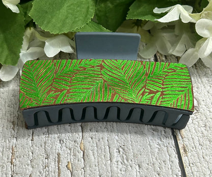 Green Leaves Engraved Hand Painted Leather Blue Hair Claw Clip - Large 4"