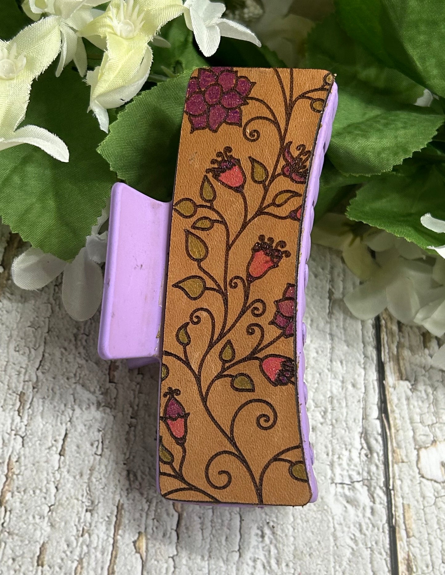 Pink and Purple Flowers Engraved Leather Hair Claw Clip - Large 4"