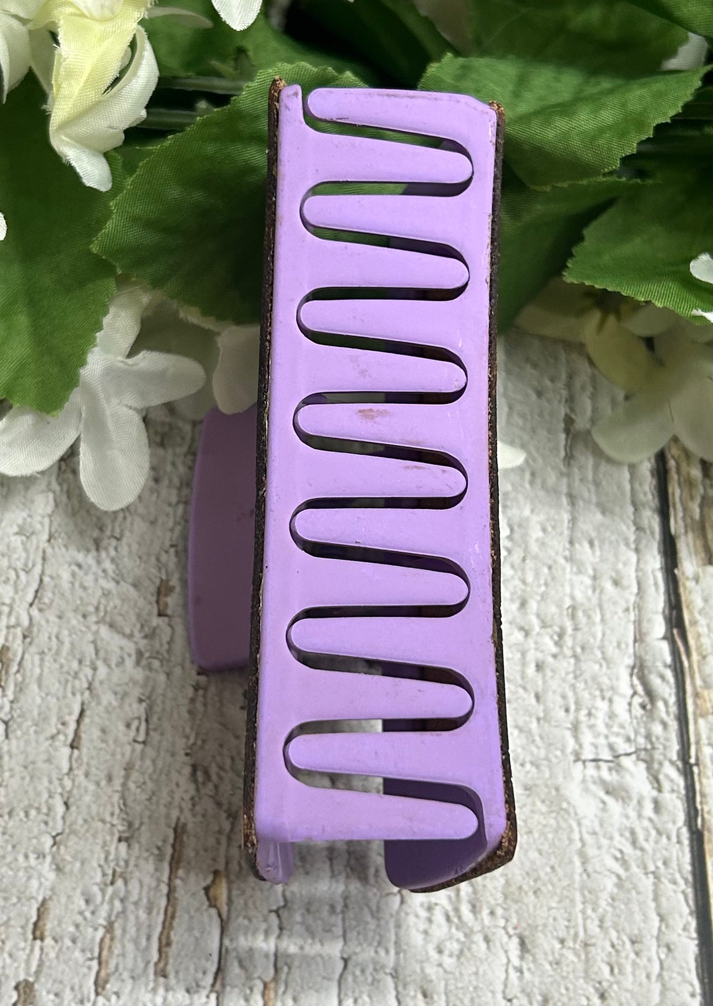 Pink and Purple Flowers Engraved Leather Hair Claw Clip - Large 4"