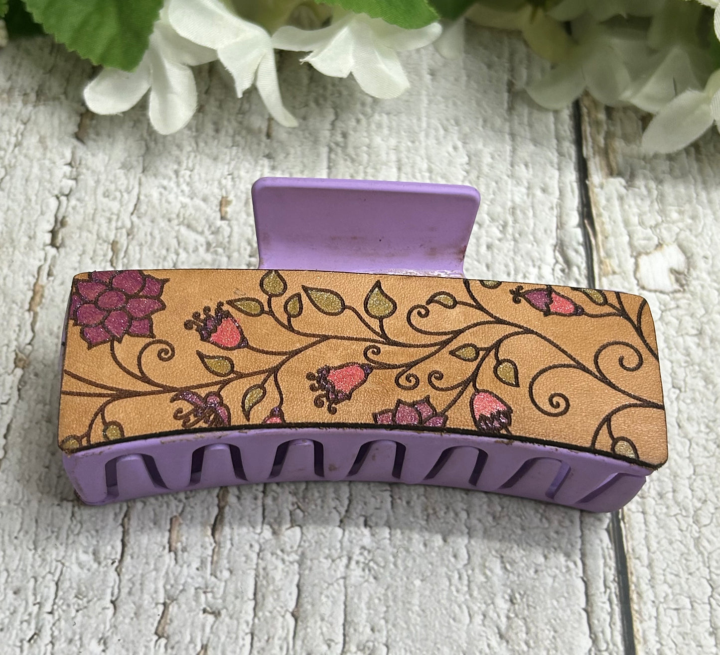 Pink and Purple Flowers Engraved Leather Hair Claw Clip - Large 4"