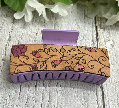 Pink and Purple Flowers Engraved Leather Hair Claw Clip - Large 4"
