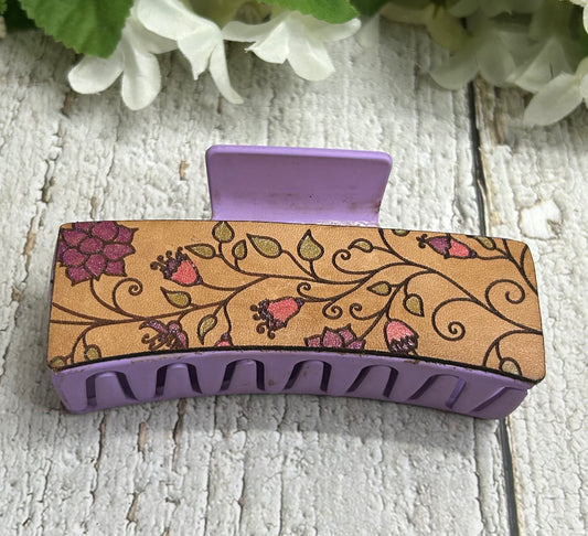 Pink and Purple Flowers Engraved Leather Hair Claw Clip - Large 4"