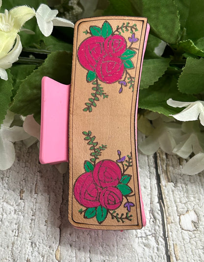 Pink Rose Floral Engraved Leather Hand Painted Hair Claw Clip - Large 4"