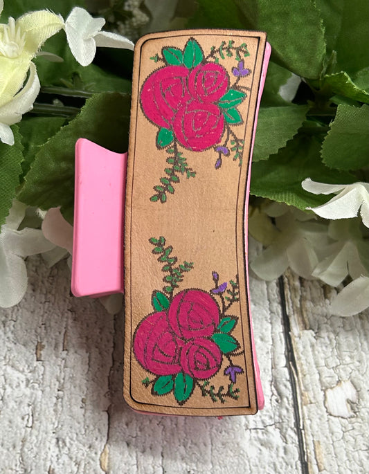 Pink Rose Floral Engraved Leather Hand Painted Hair Claw Clip - Large 4"