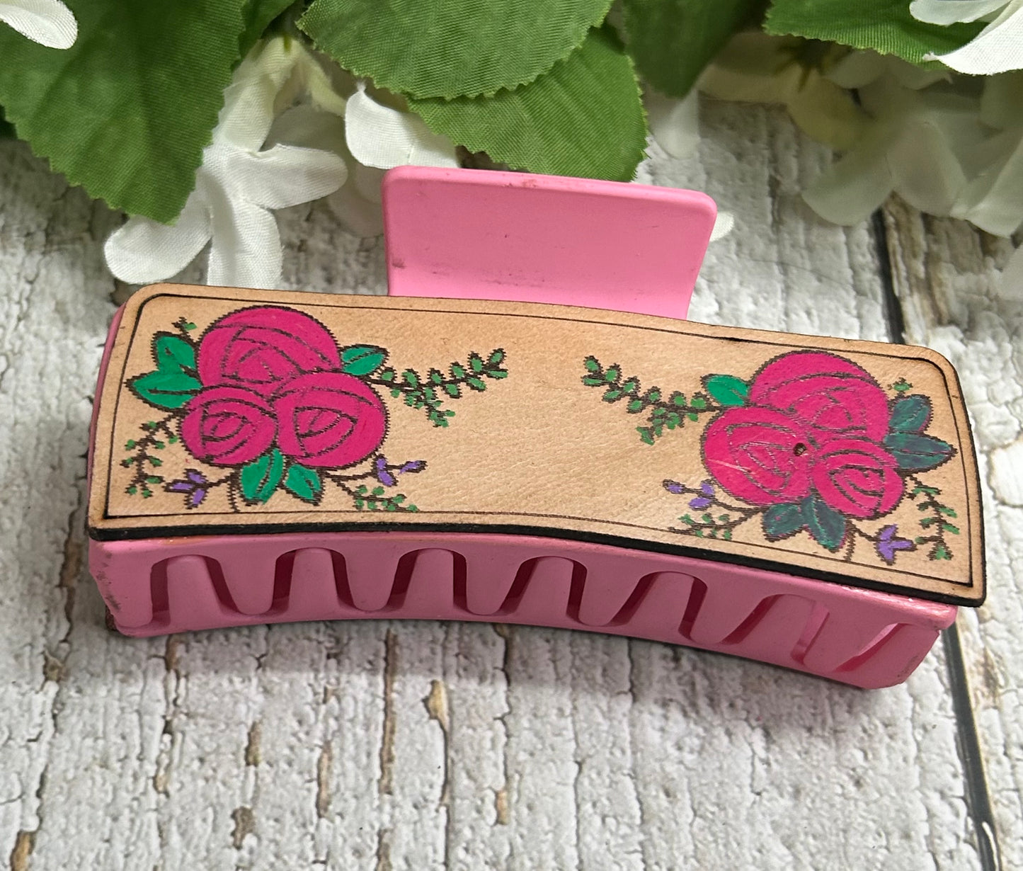 Pink Rose Floral Engraved Leather Hand Painted Hair Claw Clip - Large 4"