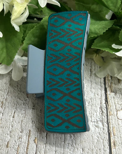 Teal Aztec Boho Engraved Leather on Blue Hair Claw Clip - Large 4"