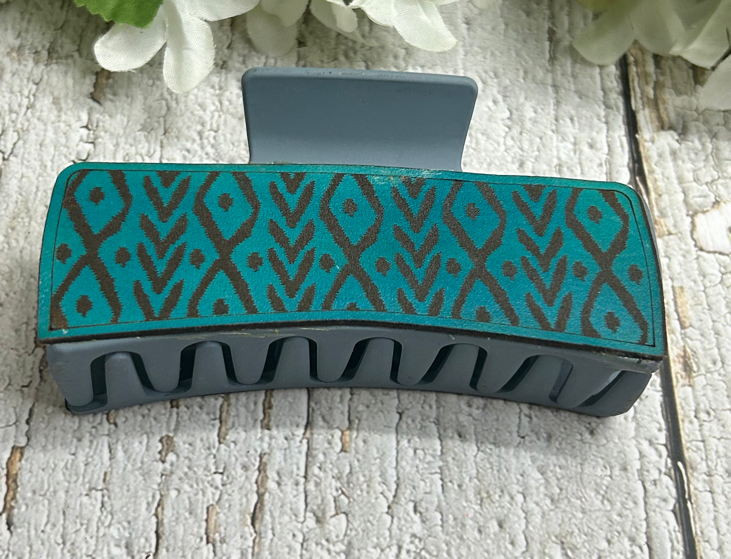 Teal Aztec Boho Engraved Leather on Blue Hair Claw Clip - Large 4"