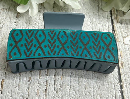 Teal Aztec Boho Engraved Leather on Blue Hair Claw Clip - Large 4"