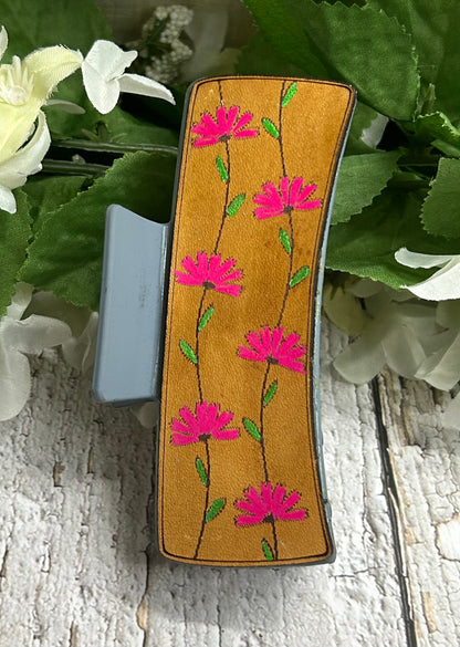 Pink Flowers Engraved Leather on Blue Hair Claw Clip - Large 4"