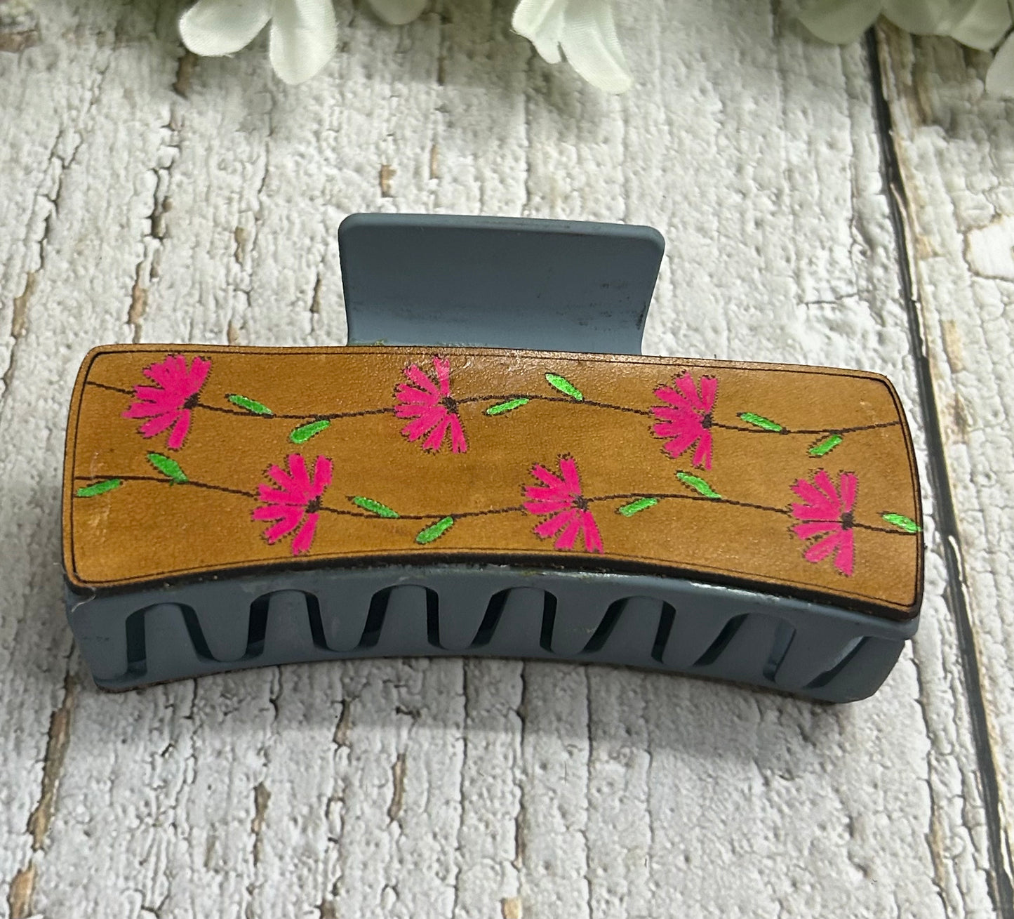 Pink Flowers Engraved Leather on Blue Hair Claw Clip - Large 4"